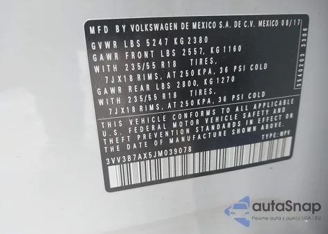2018 Volkswagen Tiguan 2.0T Se/2.0T Sel z USA, uszkodzony, nr VIN 3VV3B7AX5JM039078